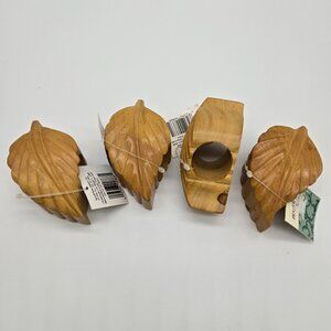 NOS Pfaltzgraff Wooden Walnut Napkin Rings Set of 4 Leaves Vintage Farmhouse